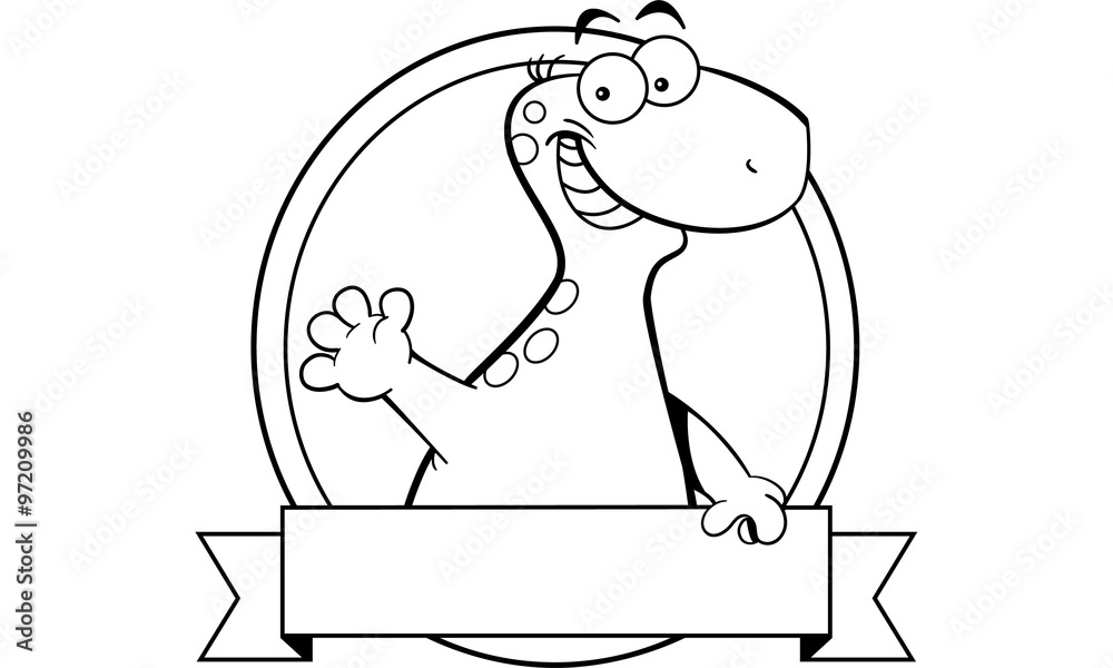 Black and white illustration of a brontosaurus dinosaur with a banner sign. Black and white illustration of a brontosaurus dinosaur with a banner sign.