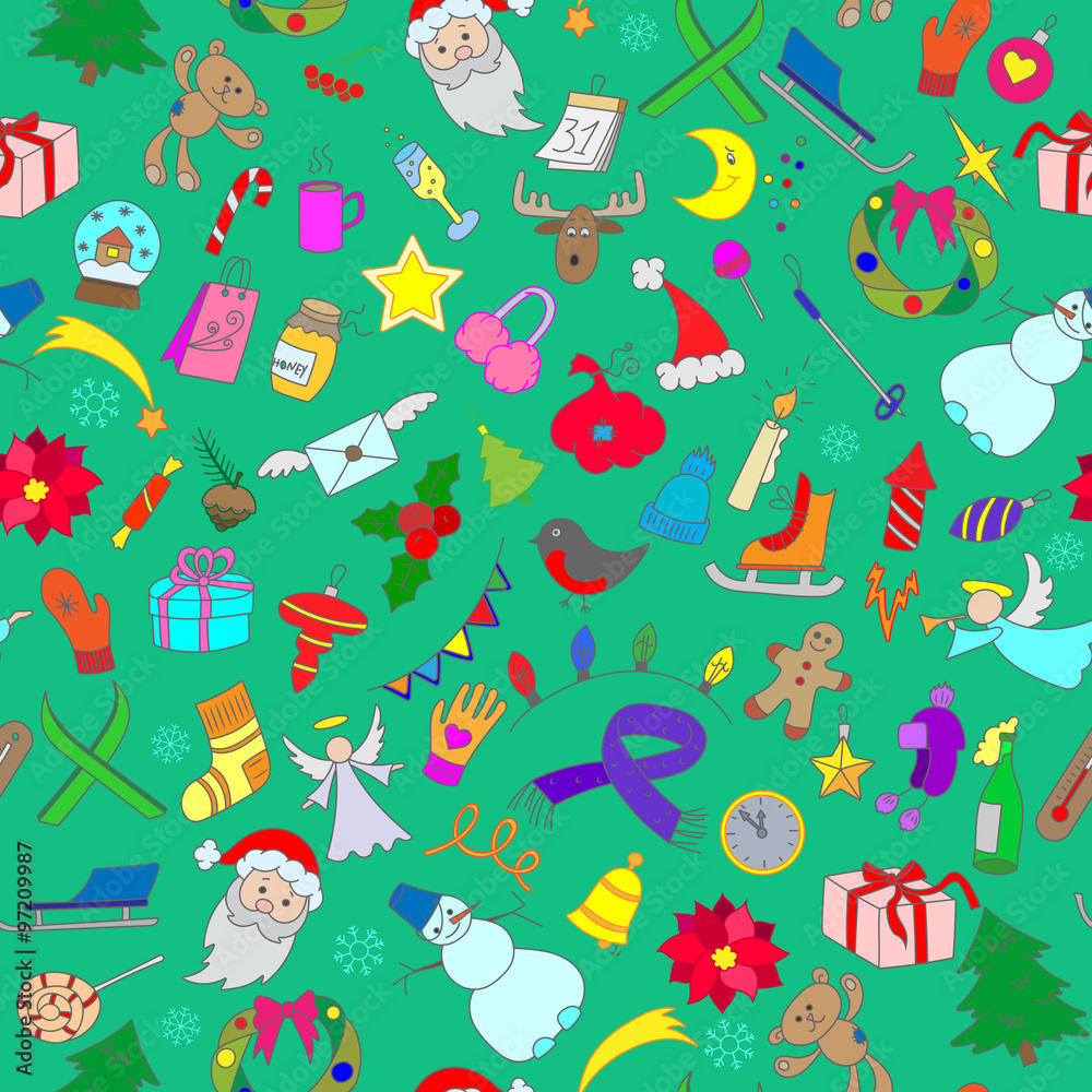 Seamless background with simple hand-drawn icons on the theme of winter holidays Seamless background with simple hand-drawn icons on the theme of winter holidays
