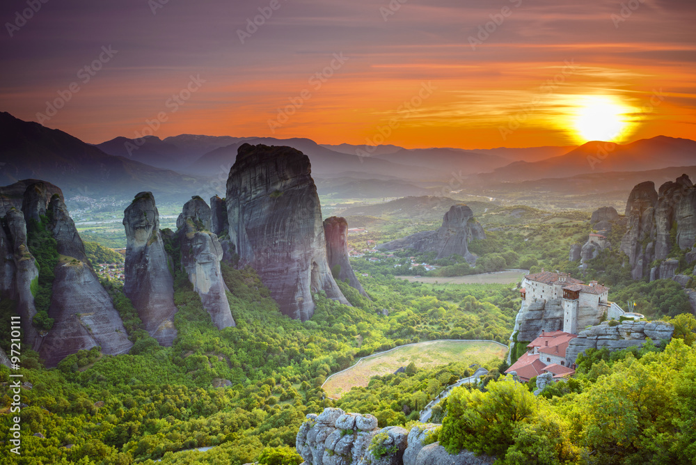 Meteora monasteries at sunset, Greece
