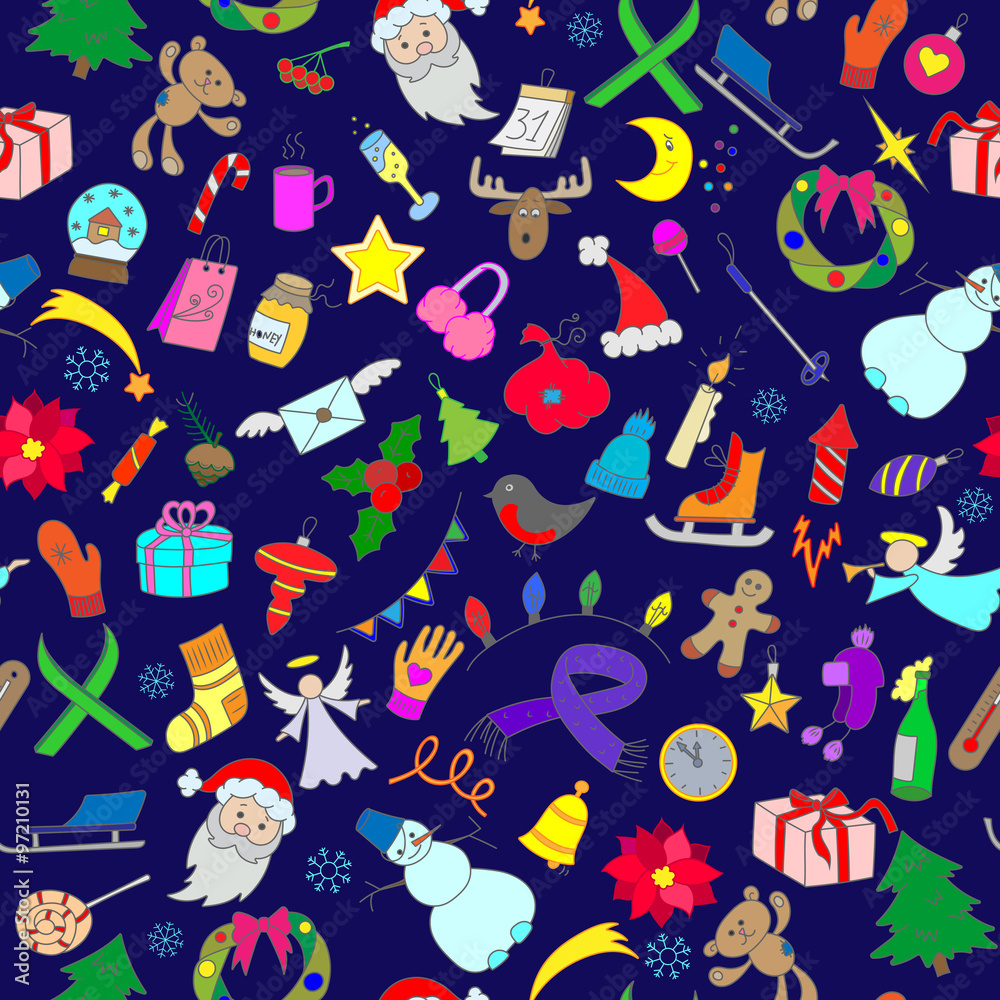 Obraz premium Seamless background with simple hand-drawn icons on the theme of winter holidays