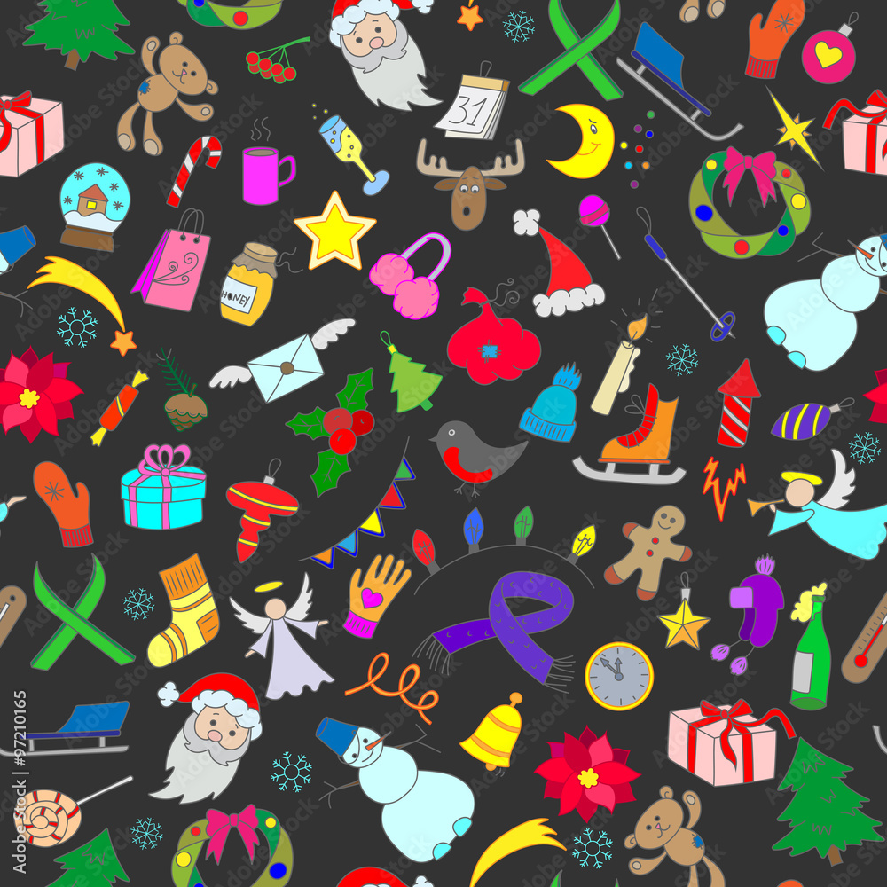 Seamless background with simple hand-drawn icons on the theme of winter holidays