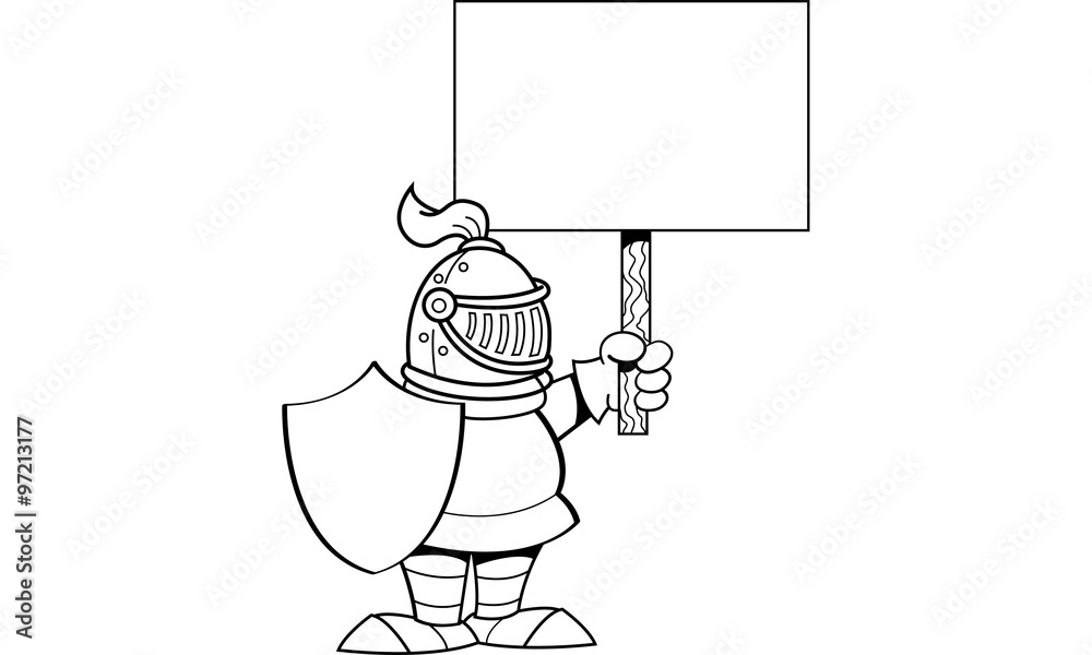 Black and white illustration of a knight holding a sign.