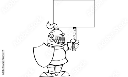 Black and white illustration of a knight holding a sign.