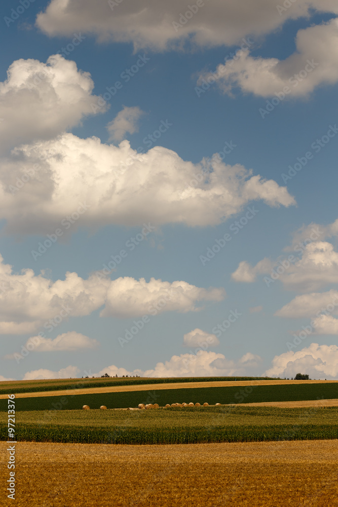 Naklejka premium Late summer harvest period with large white clouds