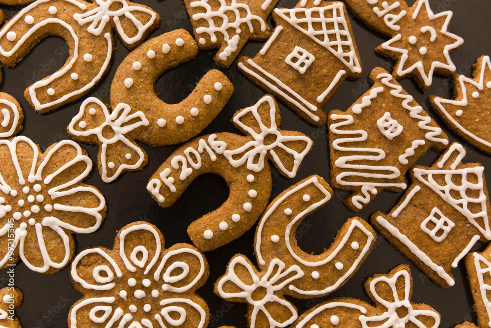 decorated gingerbread on baking sheet decorated gingerbread on baking sheet