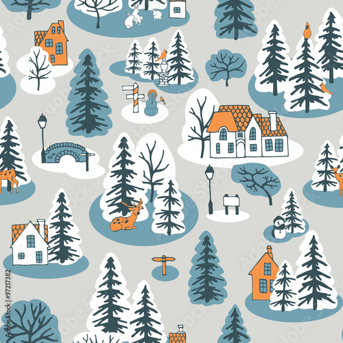 seamless pattern with pine trees and houses
