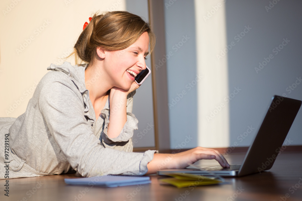 Pretty brunette using her laptop lying on the floor at home in t Pretty brunette using her laptop lying on the floor at home in t