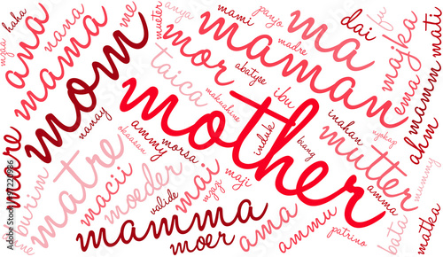 Mother international word cloud on a white background. Each word used in this word cloud is another language's version of the word mother. © arloo
