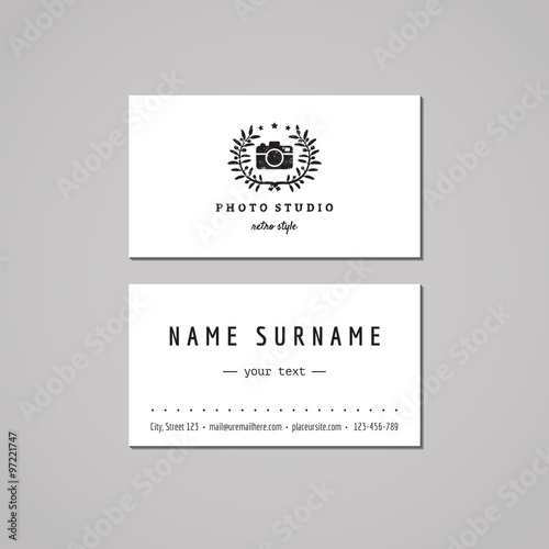 Photo studio business card design concept. Photo studio logo with photo camera and olive wreath. Vintage, hipster and retro style. Black and white.