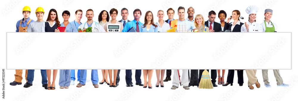 Group of business people with a billboard. Group of business people with a billboard.