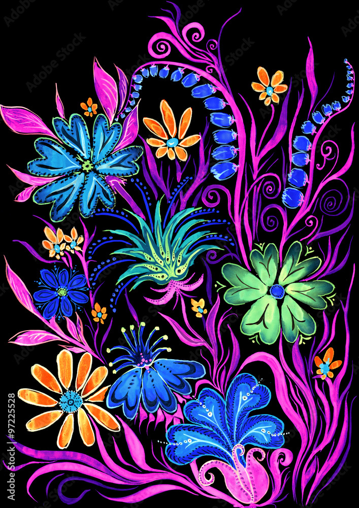 Obraz premium flower background on black - watercolor painting on paper