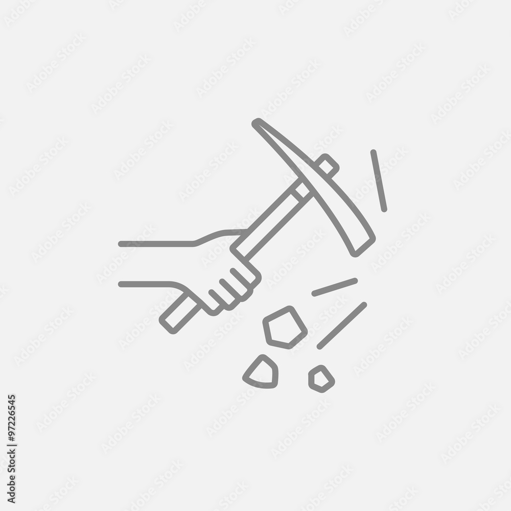 Hand using pickax line icon. Hand using pickax line icon.
