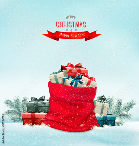 Holiday Christmas background with a sack full of gift boxes. Vec