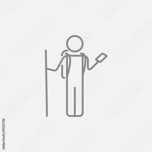 Tourist backpacker with phone line icon.