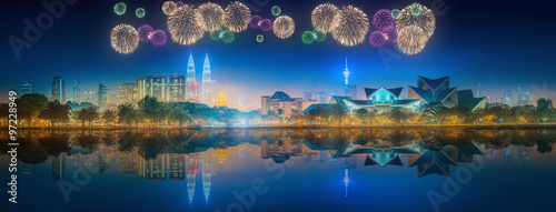 Beautiful fireworks above cityscape of Kuala Lumpur skyline
