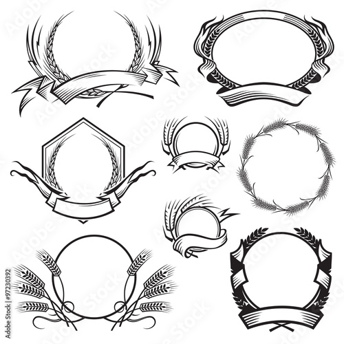 monochrome illustration with different frames with ears of wheat