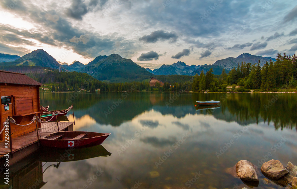 Red boats and mountains Red boats and mountains