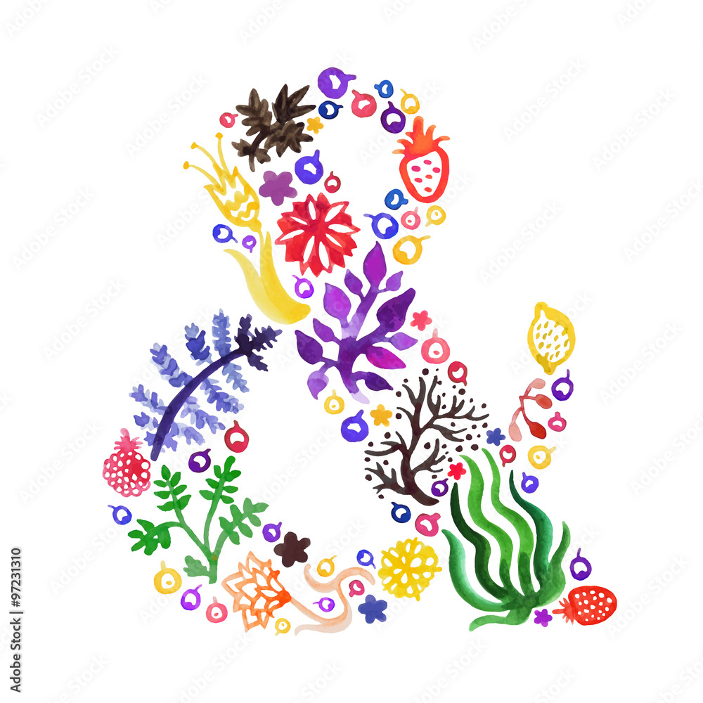 Watercolor nature vector ampersand with flowers, berries and plants (multicolored). Perfect for invitations and other design.
