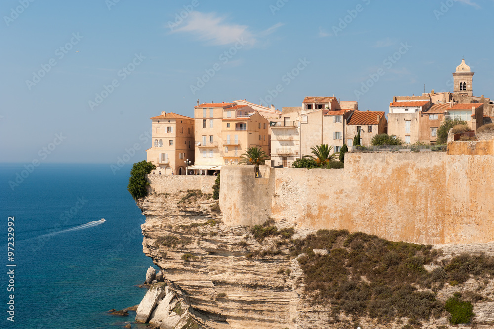 Old town of Bonifacio is built high on a sea cliff. Corsica, France