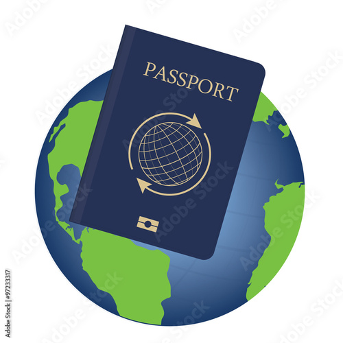Vector illustration world globe and blue citizen passport. Globe icon. Passport with globe symbol and arrows around it. Tourism concept