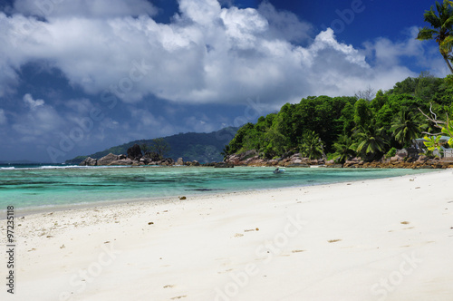 Anse La Blague beach at Praslin island, Seychelles. © gadzius