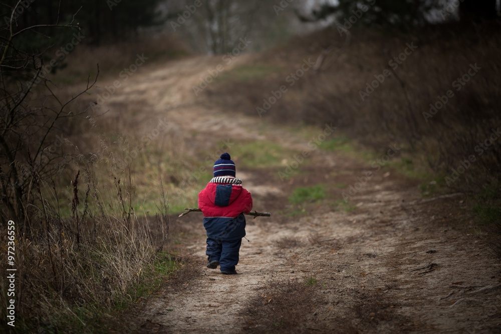 Obraz premium Child walking in countryside at autumnal bad weather