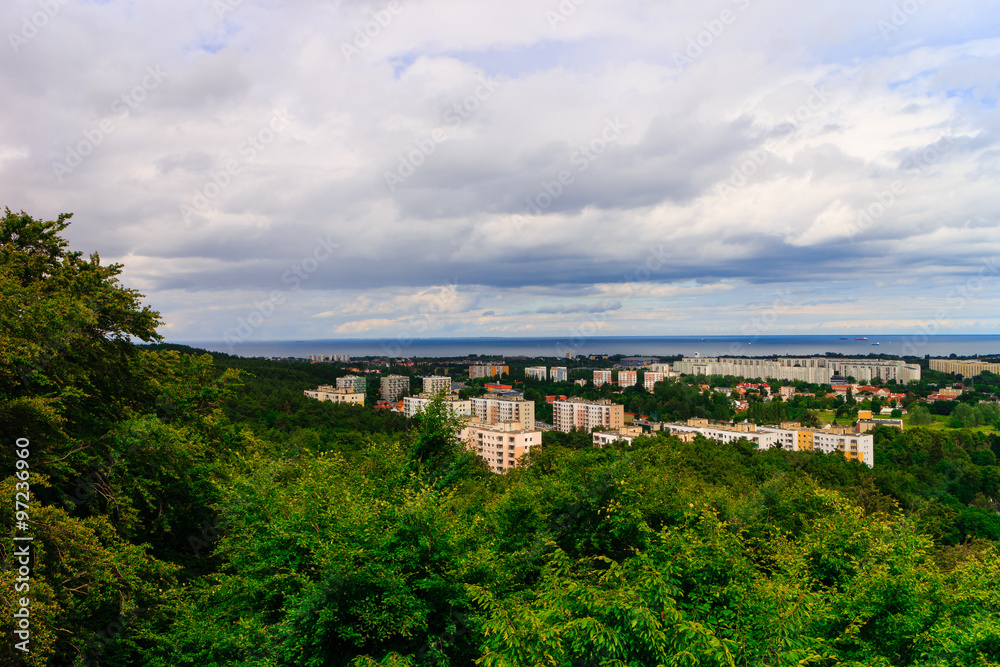 aerial view from tower of district gdansk buildings and sea. aerial view from tower of district gdansk buildings and sea.