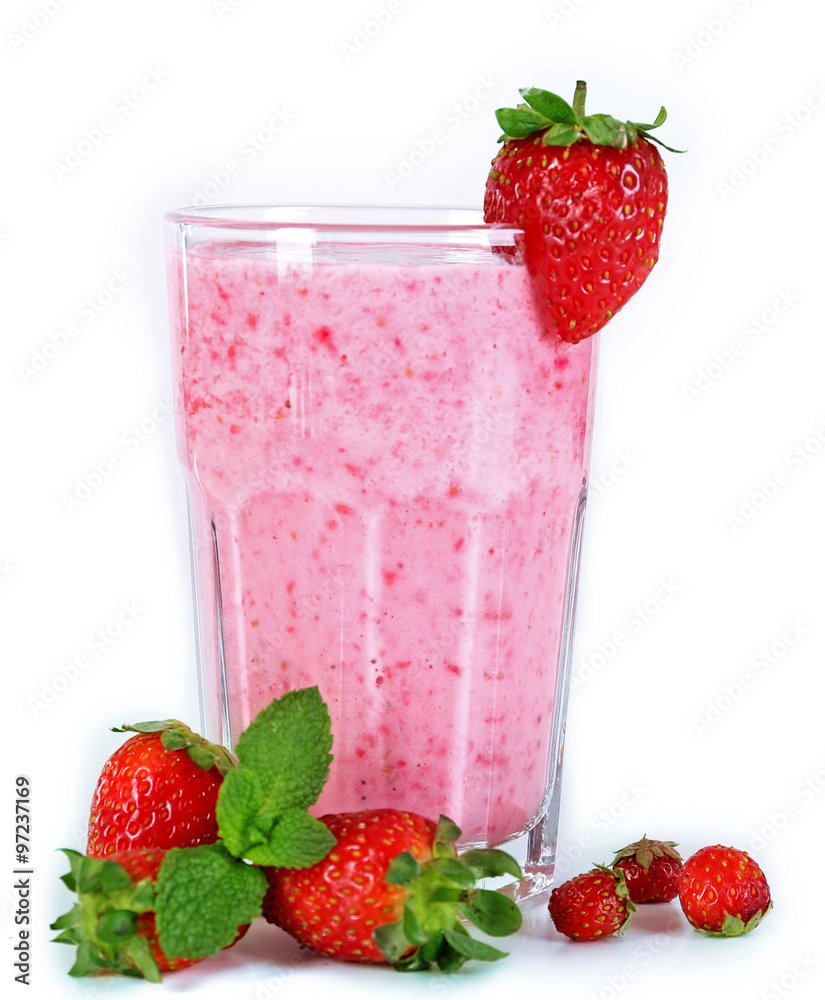 A glass of fresh cold strawberry smoothie, isolated on white A glass of fresh cold strawberry smoothie, isolated on white