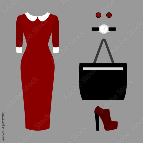 Set of trendy women's clothes. Outfit of woman dress and accessories. Women's wardrobe. Vector illustration