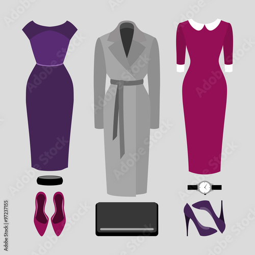 Set of trendy women's clothes. Outfit of woman coat, dress and accessories. Women's wardrobe. Vector illustration