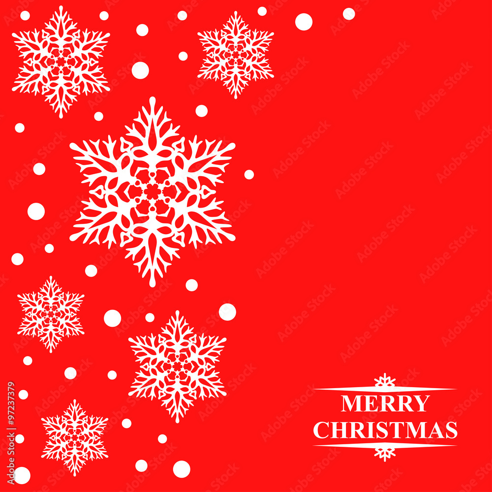 Christmas card with decorative snowflakes on red background