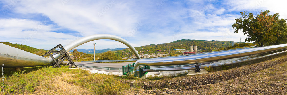 Geothermal power plant in Tuscany hills - Panoramic view Geothermal power plant in Tuscany hills - Panoramic view