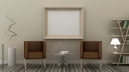 Empty picture frames in classic interior background on the decorative painted wall with wooden floor. Copy space image. 3d render © dream@do