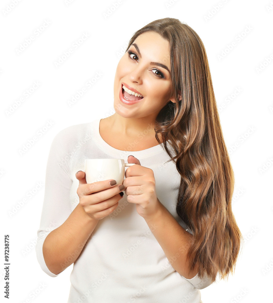 Young pretty woman poses with cup of coffee isolated on white background Young pretty woman poses with cup of coffee isolated on white background