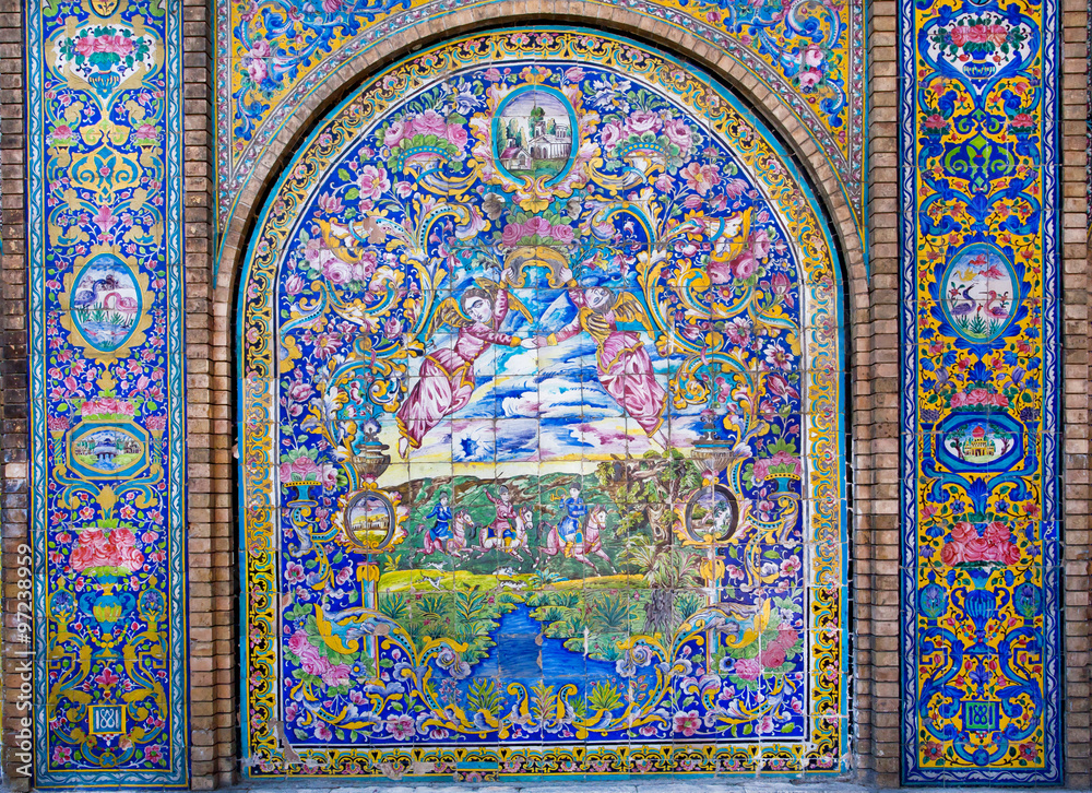 Angels and hunters on the ceramic tile wall of the world heritage Golestan Palace, Iran.