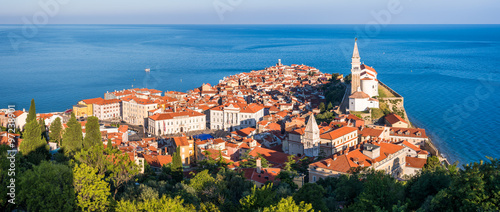 Panoramic View of Picturesque Piran Old Town in Slovenia in the Morning. Aerial view. photo