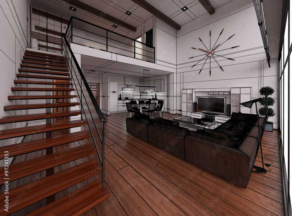 Fototapeta premium 3D Interior rendering of a modern tiny loft
