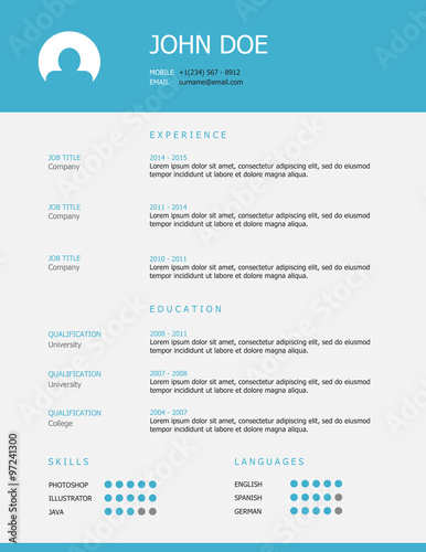 Professional simple styled resume template design with blue heading