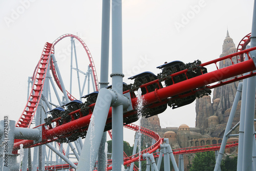 Photography Visitors Happy Valley amusement park ride a rollercoaster, Beijing