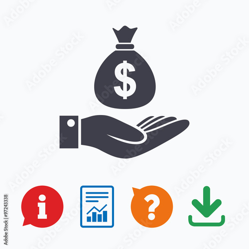 Dollar and hand sign. Palm holds money bag.