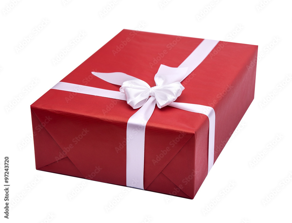 Fototapeta premium Red gift box with white ribbon.