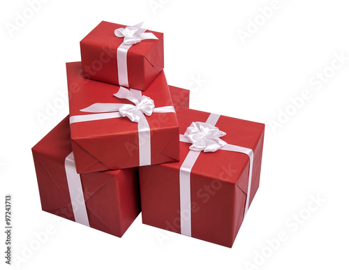 Red gift boxes with white ribbon. © Denis Rozhnovsky