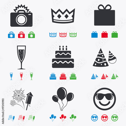 Party celebration, birthday icons. Fireworks.