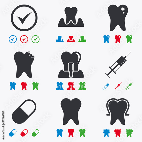 Tooth, dental care icons. Stomatology signs.