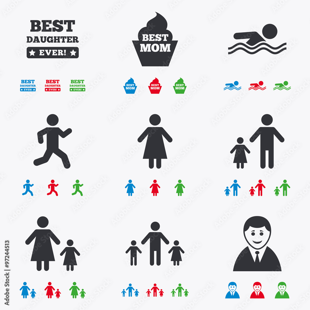 People, family icons. Swimming, person signs. People, family icons. Swimming, person signs.