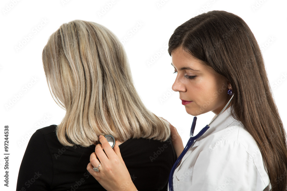 Young friendly beautiful female doctor with patient