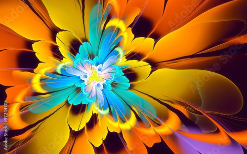 Abstract fractal background, yellow-cyan flower