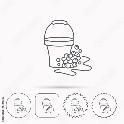 Soapy cleaning icon. Bucket with foam and bubble