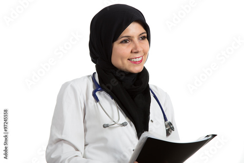 Portrait of young beautiful muslim female doctor holding folder