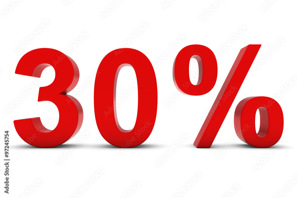 30% - Thirty Percent Red 3D Text Isolated on White 30% - Thirty Percent Red 3D Text Isolated on White